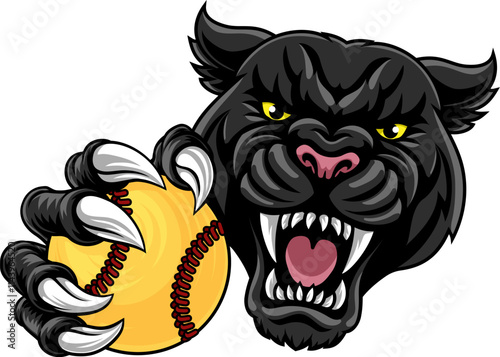 Black panther leopard or jaguar cat softball sports team mascot holding a ball