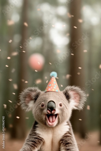 Joyful koala wearing a party hat amidst confetti. photo