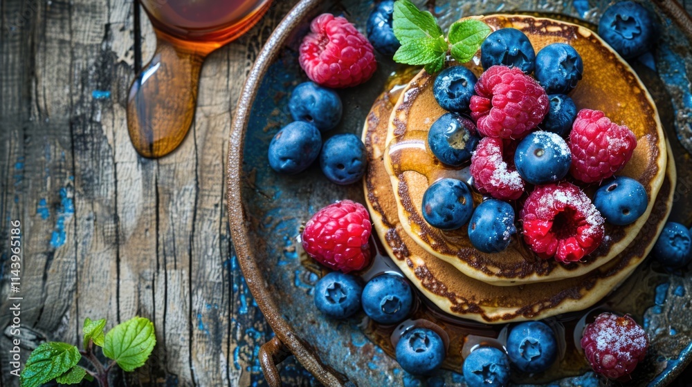 Pancakes And Fruit. Healthy Morning Breakfast with Fresh Blueberry and Raspberries Pancakes And Fruit. Healthy Morning Breakfast with Fresh Blueberry and Raspberries