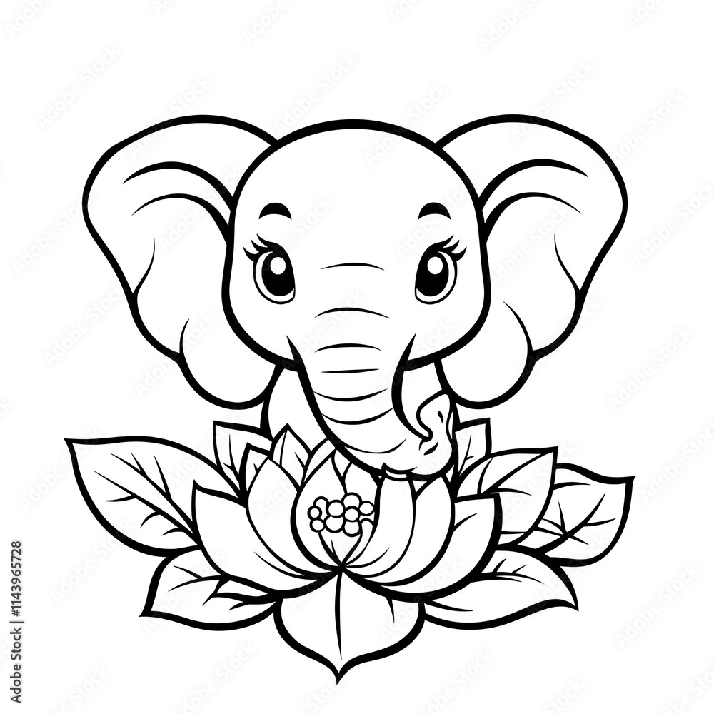Fototapeta premium Simple Elephant and Lotus Coloring Page for Kids: Fun, Easy, Educational Activity