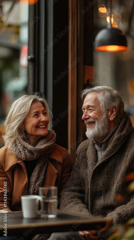 An elderly couple sits in a coffee shop, smiling and chatting happily in a relaxed atmosphere. An elderly couple sits in a coffee shop, smiling and chatting happily in a relaxed atmosphere.