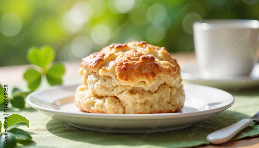 Close-up shot of potato scone on a plate, breakfast table, Saint Patrick's Day Close-up shot of potato scone on a plate, breakfast table, Saint Patrick's Day