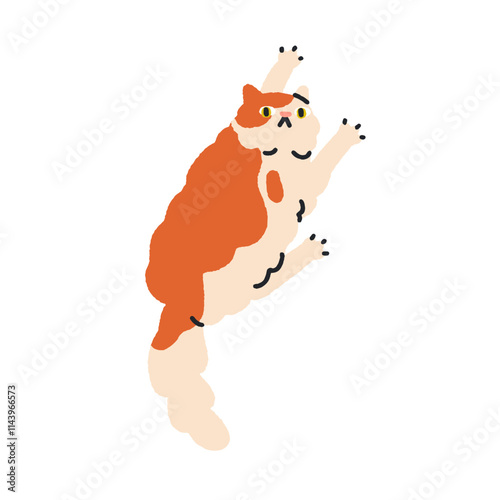 Funny cat clinging, holding on wall with paws, climbing with claws. Cute comic feline pet. Playful humorous awkward confused kitty, mem animal. Flat vector illustration isolated on white background