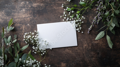 Rustic wedding invitation with greenery and gypsophila photo