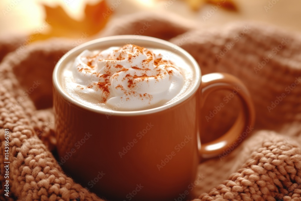 Warm autumn beverage with whipped cream and cinnamon, cozy knitted blanket. Warm autumn beverage with whipped cream and cinnamon, cozy knitted blanket.