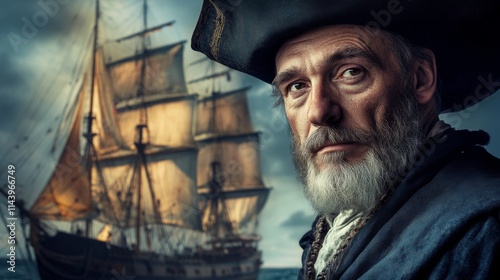 Majestic ship sails behind a wise old pirate. This image captures the essence of adventure and historical tales of the sea. Embrace the journey. Generative AI