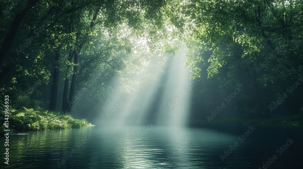 A serene lake surrounded by lush green trees, with soft sunlight filtering through the leaves, creating a peaceful atmosphere. A serene lake surrounded by lush green trees, with soft sunlight filtering through the leaves, creating a peaceful atmosphere.