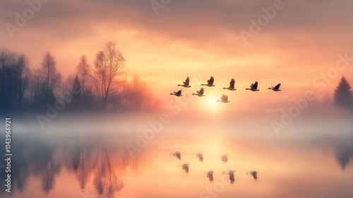 Flock of geese taking off from a frozen pond at sunrise nature scene misty environment calm viewpoint serenity concept for wildlife photography