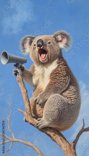 Koala bear sitting on tree branch, holding megaphone, against a blue sky. photo