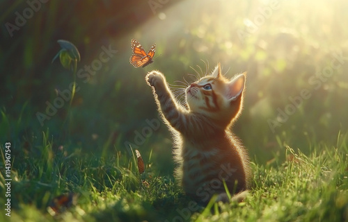 Cute kitten playing with a butterfly on a green grass meadow on a sunny day. photo