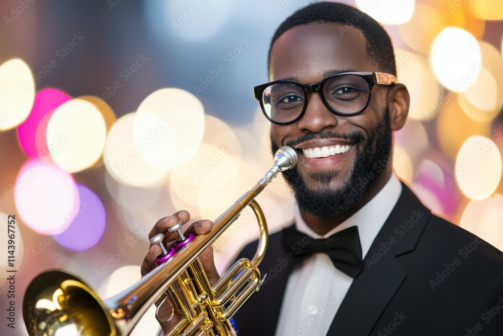 Obraz premium smiling musician in tuxedo plays trumpet with vibrant bokeh lights
