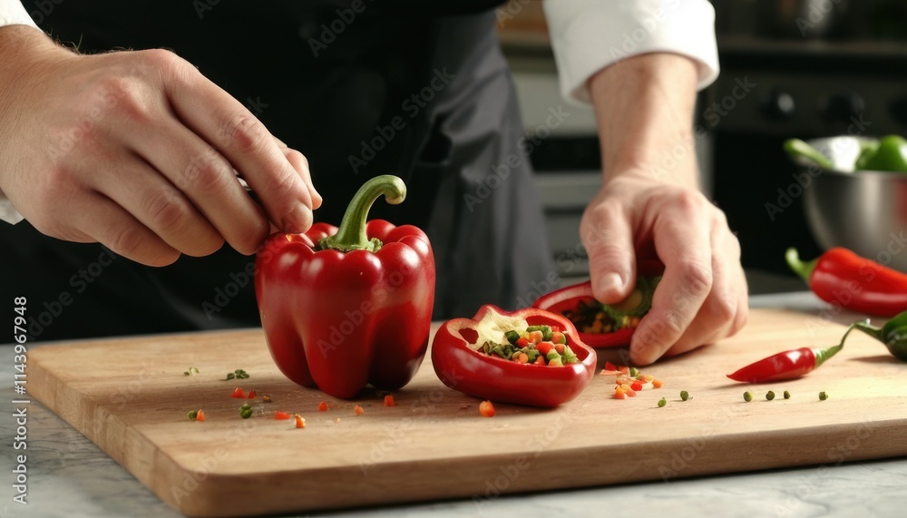 Chef preparing stuffed bell peppers: A culinary masterpiece in the making Chef preparing stuffed bell peppers: A culinary masterpiece in the making
