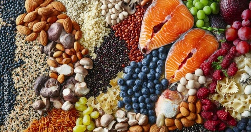 Different products as background, top view. Healthy food and balanced diet