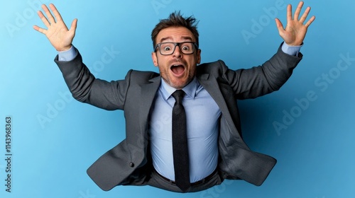 Businessman's Joyful Leap: A businessman in a suit expresses pure exhilaration, arms outstretched in a dynamic leap against a vibrant blue backdrop. The image conveys a sense of freedom, success. photo