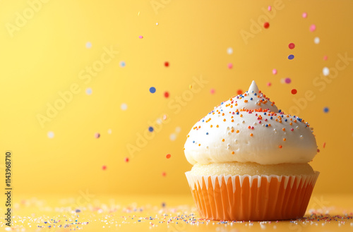 Delicious Cupcake with White Icing and Sprinkles on Yellow Background photo