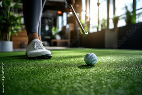 Woman's feet and golf club over putting green. Perfect for websites, blogs, and articles about golf, sports, and fitness.