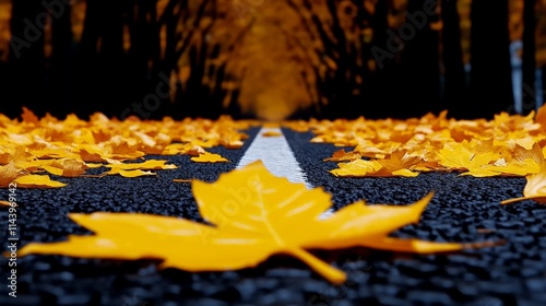 Autumn Road: A solitary yellow leaf rests on the asphalt road, framed by fallen leaves and a long lane lined with vibrant autumn foliage, creating a serene and captivating scene. photo