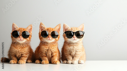 Adorable summer themed kittens wearing sunglasses, gazing playfully at camera, exuding fun and cheerful vibe. Perfect for cat lovers and summer enthusiasts photo