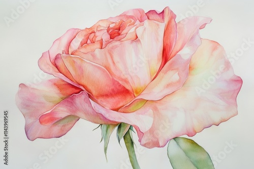 A delicate watercolor painting of a single, peach-colored rose, showcasing its soft petals and gentle curves. photo