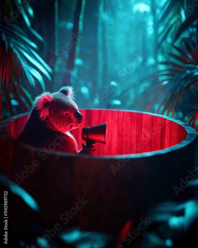 Koala in a red-lit barrel using a megaphone in a neon-lit rainforest. photo