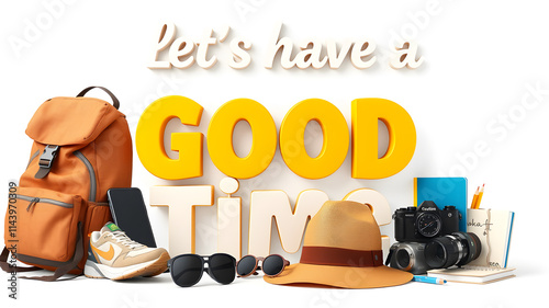 Let's Have A Good Time Written Promotional Poster Isolated with 3D Realistic Items Like Backpack, Sneakers, Compass, Cell Phone, Sunglasses, Hat, Camera and Notebook. Generative AI photo