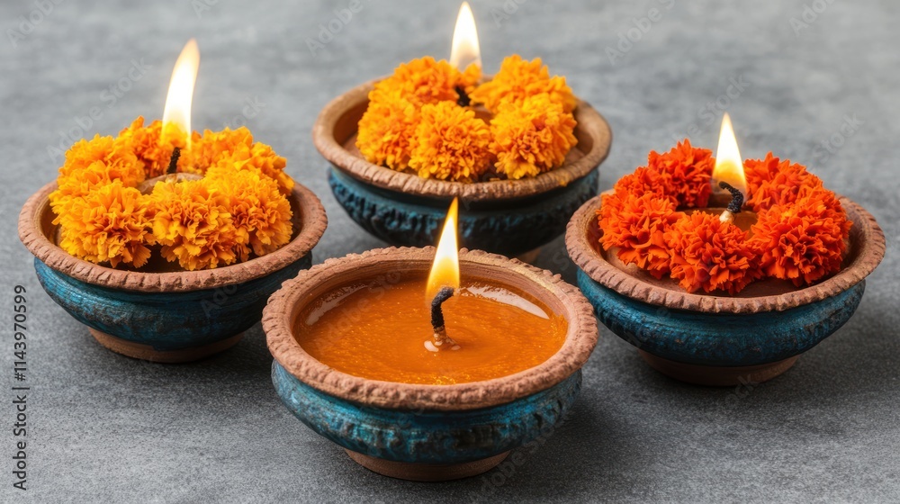 Four lit oil lamps with marigold flowers in terracotta bowls on a gray surface. Four lit oil lamps with marigold flowers in terracotta bowls on a gray surface.