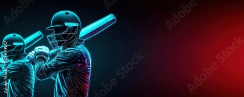 A striking neon illustration of cricket players preparing to bat, showcasing vibrant colors against a bold background.