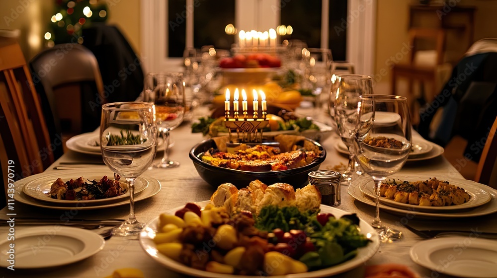 Festive Dining Table with Candles and Array of Dishes Displayed Festive Dining Table with Candles and Array of Dishes Displayed