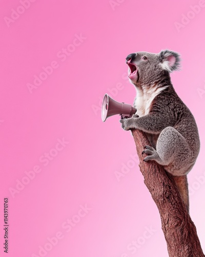 Koala on tree branch holding megaphone, pink background. photo