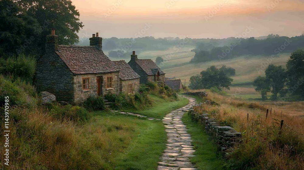 Peaceful Countryside Village Nestled Between Rolling Hills and Soft Morning Light