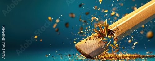 A dynamic close-up of a pencil breaking, with wood shavings flying, showcasing the moment of impact against a vibrant blue background.