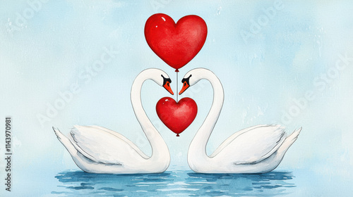 Valentine's Day, Two elegant swans form heart shape with red balloons, symbolizing love photo