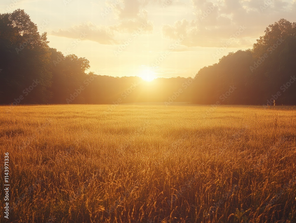 A wide, open field with golden sunlight pouring through the trees during sunset, evoking a sense of tranquility.