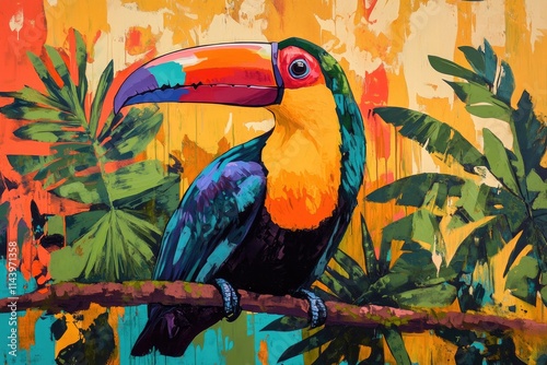 Vibrant toucan perched on branch amidst lush tropical foliage, painted in bold colors. Illustrates exotic wildlife and vibrant rainforest environments; ideal for travel, nature, or tropical themes. photo