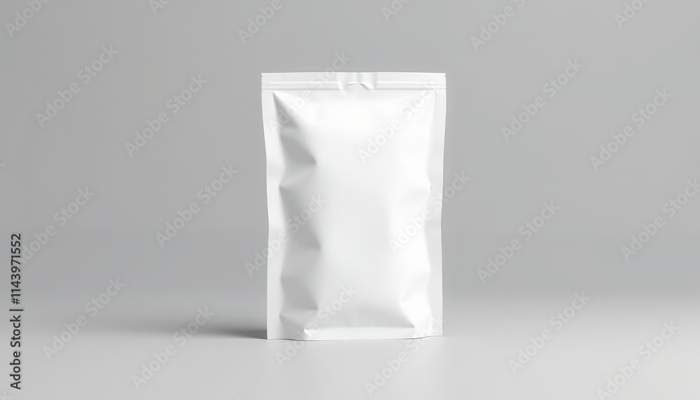 Crisp white sachet mockup on a gray background, modern and minimalist design Crisp white sachet mockup on a gray background, modern and minimalist design