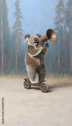 Koala riding scooter, using megaphone. photo