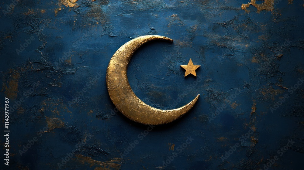 Golden crescent moon and star on a blue textured background. Golden crescent moon and star on a blue textured background.