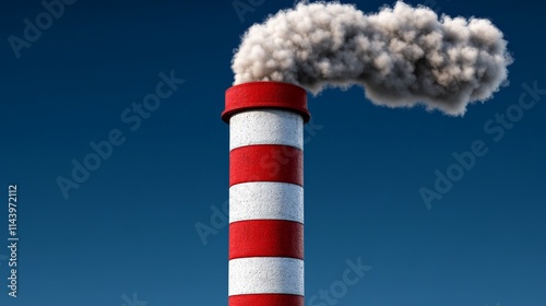 Industrial Smoke Plume: A towering chimney, with alternating bands of red and white, releases a thick plume of smoke against a clear blue sky. photo