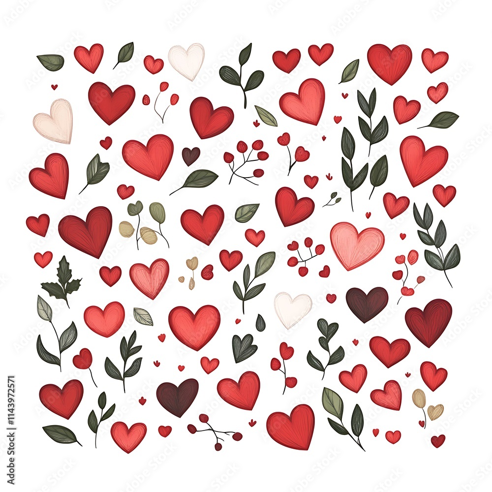 Red hearts and leaves pattern. Red hearts and leaves pattern.