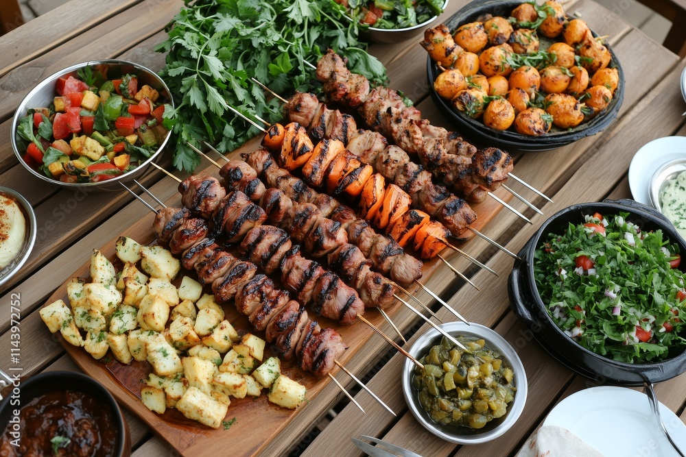 Middle eastern, arabic or mediterranean dinner table with grilled lamb kebab, chicken skewers with roasted vegetables and appetizers variety serving on wooden outdoor table. Overhead view Middle eastern, arabic or mediterranean dinner table with grilled lamb kebab, chicken skewers with roasted vegetables and appetizers variety serving on wooden outdoor table. Overhead view