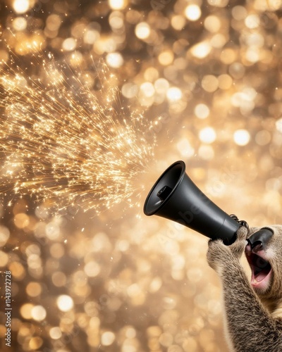 Koala using megaphone, sparks burst. photo