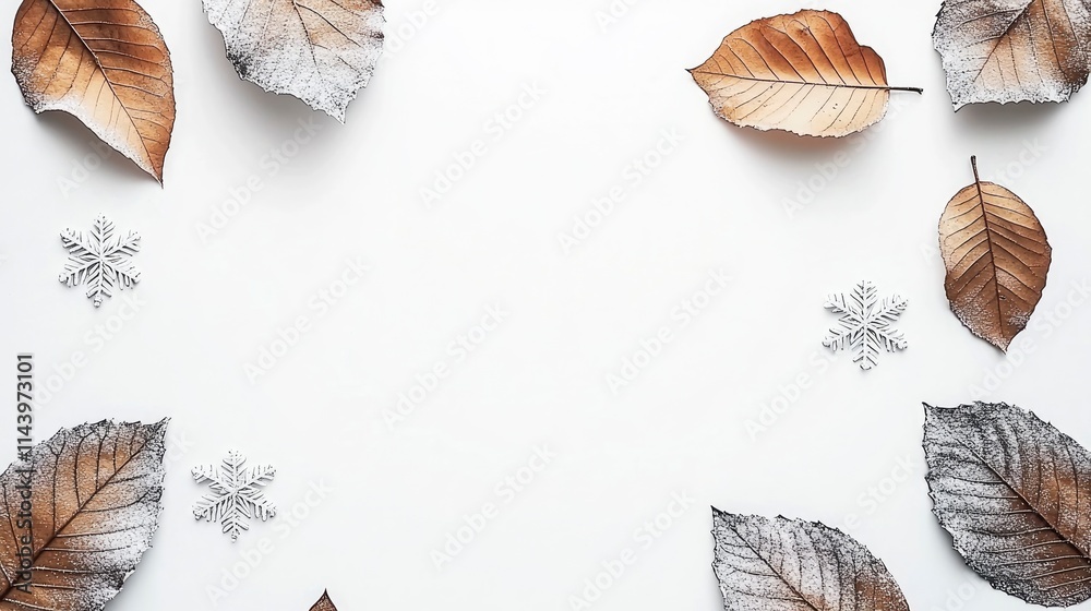 Winter Wonderland Dried Leaves and Snowflakes on White Background