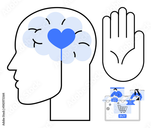 Human brain with heart, raised hand, and online shopping on screen. Ideal for mental health, online shopping, emotional intelligence, decision-making, human interaction, mindfulness digital