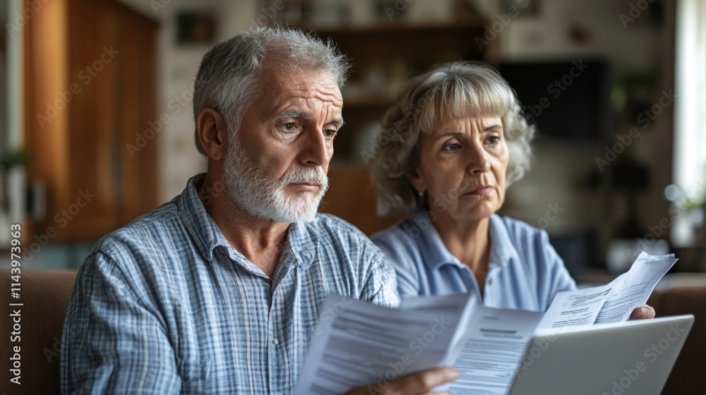 Concerned elderly couple reviewing important documents at home.