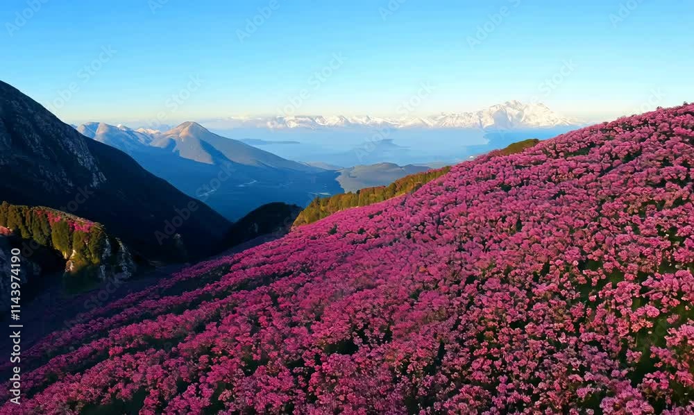 aerial view of pink wildflowers in the balkan mountains during summer