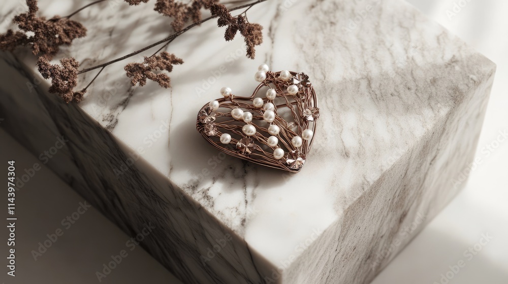 Heart-Shaped Brooch with Pearls on Elegant Marble Surface Heart-Shaped Brooch with Pearls on Elegant Marble Surface