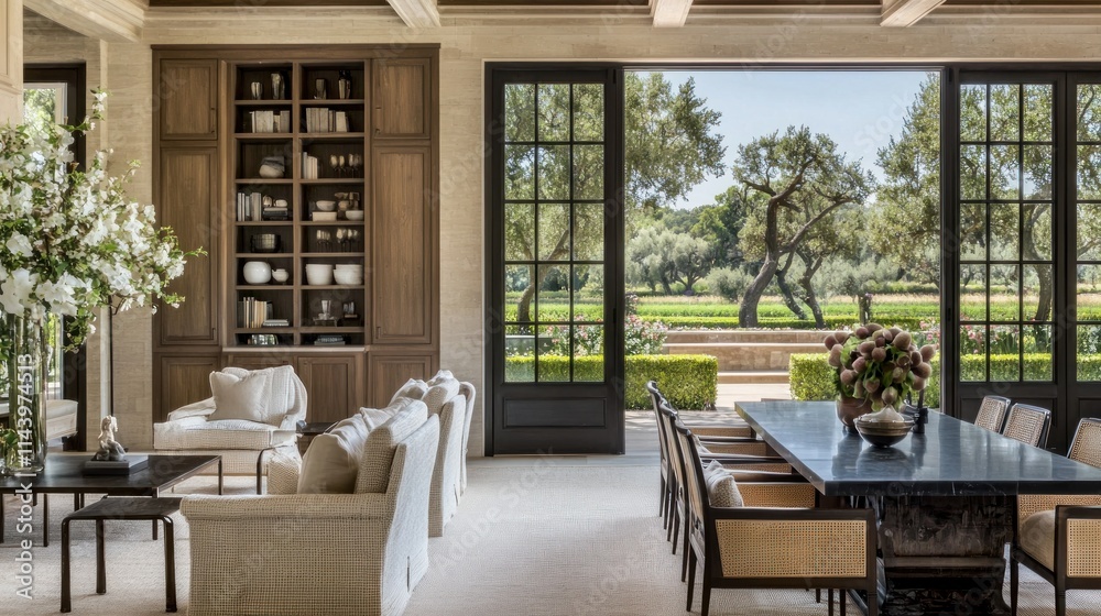 Obraz premium Elegant interior with a view of landscaped gardens.