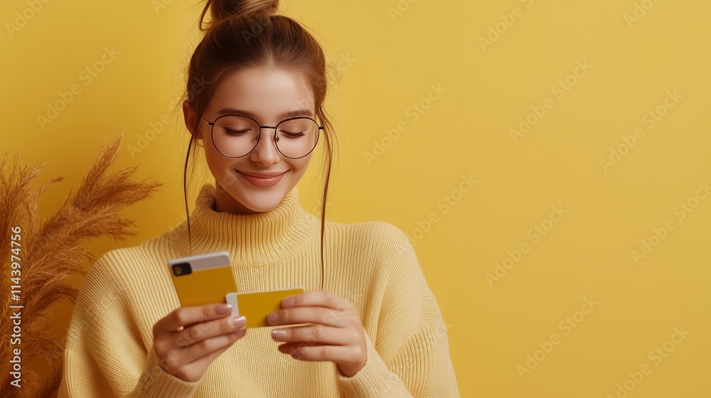 Young woman in yellow sweater smiles while using phone and holding credit card against a bright yellow background Young woman in yellow sweater smiles while using phone and holding credit card against a bright yellow background