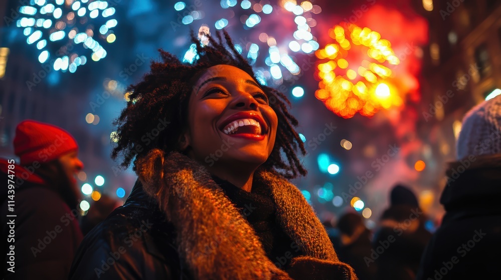 Fototapeta premium People celebrate New Year's Eve, laughing and having fun with fireworks in the background.