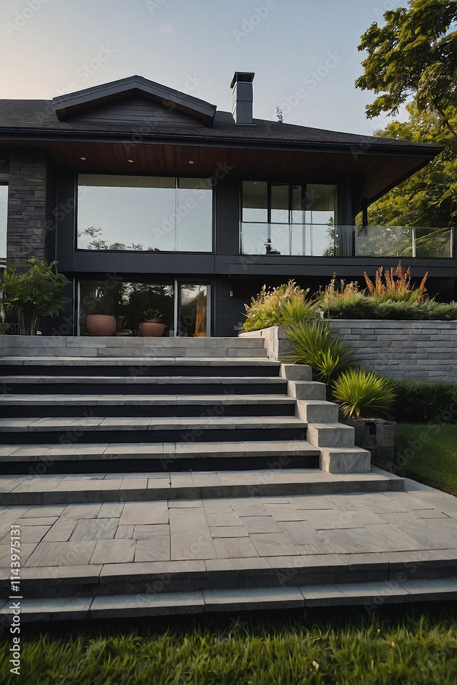 A modern, dark-grey house with large windows and a stone retaining wall. A wide, multi-level stone staircase leads from the house down to a paved patio. Landscaping includes shrubs and grass. A modern, dark-grey house with large windows and a stone retaining wall. A wide, multi-level stone staircase leads from the house down to a paved patio. Landscaping includes shrubs and grass.